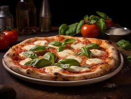 ai genererad pizza margherita med mozzarella ost, tomat och basilika foto