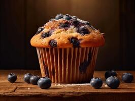 ai genererad blåbär muffin med färsk bär på trä- tabell över mörk bakgrund foto