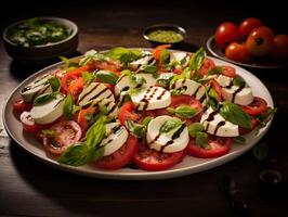 ai genererad caprese sallad med tomater, mozzarella ost och basilika foto