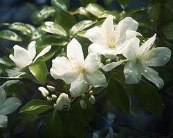 ai genererad skön vit jasmin blommor i de trädgård. foto