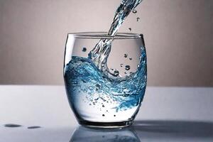 ai genererad en skön stänk av blå transparent flytande häller in i en glas. rena dricka ren vatten begrepp. foto