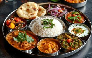 ai genererad Foto av en utsökt indisk masala thali, Gudi Padwa sötsaker och kök bild