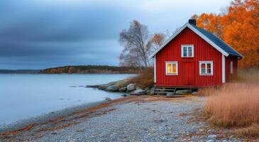 ai genererad röd små hus Sammanträde på Strand med en lugn se av natur, mycket liten hem bild foto