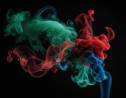 ai genererad röd, grön och blå rök med svart bakgrund. rök blandning i mörk rum. generativ ai foto