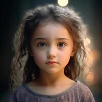 ai genererad porträtt av en skön liten flicka med lång hår i en grå klänning. foto