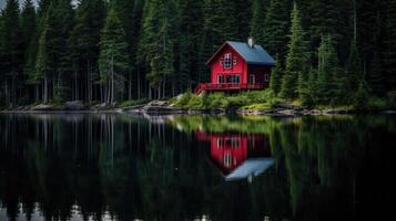 ai genererad liten röd hus i de trän nära de sjö. ensam hus i de skog foto