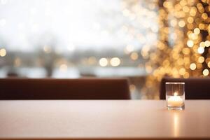 ai genererad elegant minimalistisk tabell miljö i exklusiva restaurang med mjuk bokeh bakgrund foto