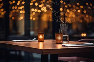 ai genererad elegant minimalistisk tabell miljö i exklusiva restaurang med mjuk bokeh bakgrund foto