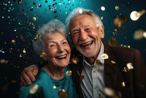ai genererad ett äldre par skrattande, kramas och studsande konfetti foto