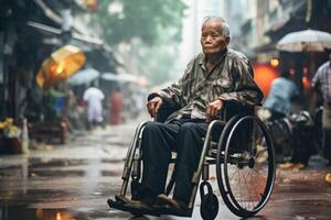 ai genererad ett gammal man är Sammanträde i en rullstol på en regnar stad ,äldre man i en rullstol på de bakgrund av de stad, ai genererad foto