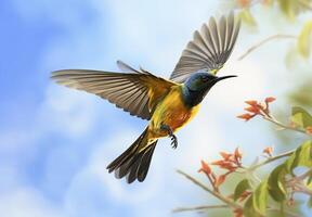 ai genererad oliv stöd solfågel, gul magad sunbird flygande i de ljus himmel. generativ ai foto