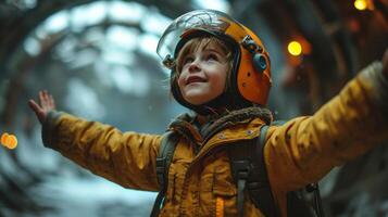 ai genererad porträtt av en liten flicka i ett fallskärmshoppning hjälm förbereda till hoppa med fallskärm. foto