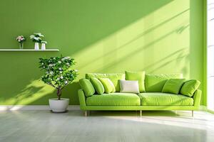 ai genererad modern grön levande rum design med soffa och möbel med blommor. foto