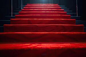 ai genererad röd matta på de trappa på en mörk bakgrund. de väg till ära, seger och Framgång. foto