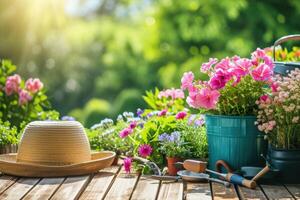 ai genererad trädgårdsarbete verktyg och blommor på de terrass i de trädgård foto