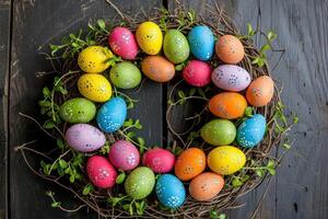 ai genererad färgrik dekorativ påsk ägg krans. foto