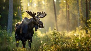 ai genererad närbild av älg i en sommar skog. foto