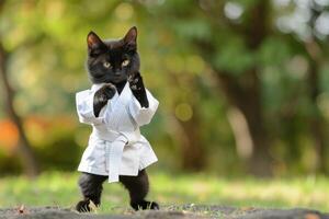 ai genererad en söt svart katt i en vit kimono karate enhetlig tar ett övning utgör. foto