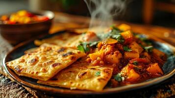 ai genererad traditionell indisk maträtt av paneer crepe med grönsaker och kryddor. foto