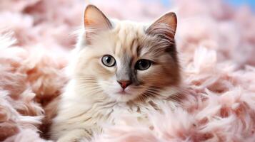 ai genererad skön katt liggande på rosa päls, närbild. foto