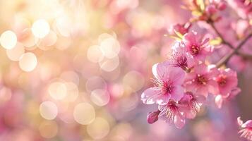 ai genererad panorama- vår bakgrund med skön rosa körsbär blommar, bokeh bakgrund foto