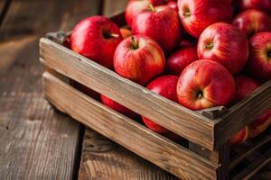 ai genererad röd äpplen i en spjällåda på rustik trä tabell. foto