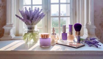 ai genererad dekorativ kosmetisk uppsättning på klä på sig tabell med lavendel- blommor, provence stil foto