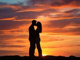 ai genererad silhuett av en par delning en kyss mot en färgrik solnedgång foto