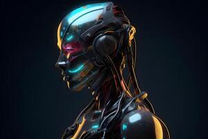 ai genererad antropomorf humanoid kvinna robot huvud porträtt på mörk bakgrund i blå toner, neuralt nätverk genererad konst foto