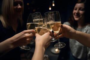 ai genererad många glädjande caucasian kvinnor händer med champagne glasögon på mörk bakgrund, neuralt nätverk genererad bild foto