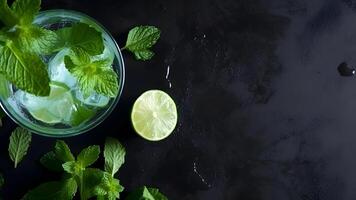 ai genererad topp se av uppfriskande mynta cocktail mojito i en glas på svart bakgrund med kalk, mynta löv och is, neuralt nätverk genererad bild foto