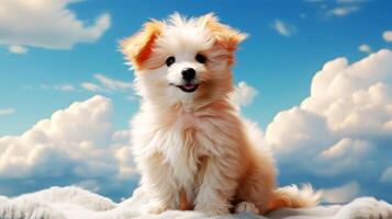 ai genererad vit pomeranian hund på blå himmel och moln bakgrund. foto