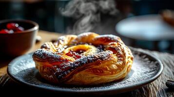 ai genererad nyligen bakad bullar med is poder på en mörk bakgrund. foto