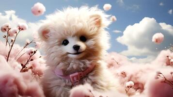 ai genererad söt pomeranian hund i de fält av rosa blommor. foto