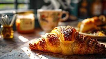 ai genererad färsk croissanter på en trä- bakgrund. foto