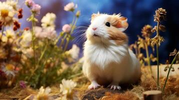 ai genererad hamster i de gräs. hamster på en bakgrund av blommor. foto