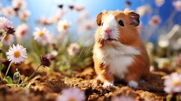 ai genererad hamster i de gräs. hamster på en bakgrund av blommor. foto