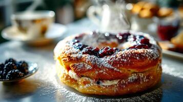 ai genererad nyligen bakad bullar med bär och grädde på en mörk bakgrund. foto