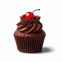 ai genererad choklad muffin med körsbär på vit bakgrund foto