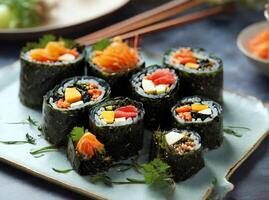 ai genererad kimbap, koreanska tång ris rullar foto