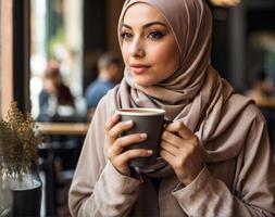 ai genererad kvinna i hijab dricka kaffe foto