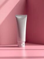 ai genererad hudvård rör på minimalistisk rosa bakgrund foto