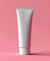 ai genererad hudvård rör på minimalistisk rosa bakgrund foto