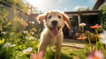 ai genererad charmig hund leka i de trädgård foto