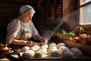 ai genererad erfaren äldre lady sakkunnigt bakning härlig barbracker i henne charmig traditionell kök foto