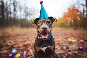 ai genererad förtjusande valp fira i födelsedag hatt mot suddig bakgrund med konfetti foto