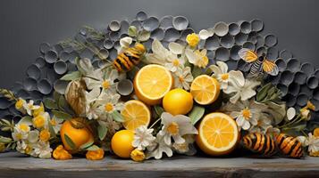 ai genererad bin surrande runt om färsk citroner och blommor foto