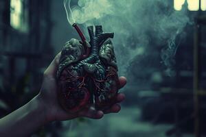 ai genererad bränd hjärta för värld cancer dag illustration relaterad till rökning foto