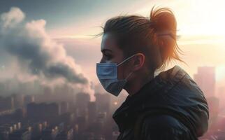 ai genererad kvinna i ansikte mask ser på de stad horisont, luft förorening och smog bild foto