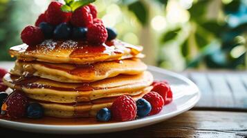 ai genererad pannkakor med färsk bär och lönn sirap på en trä- bakgrund foto